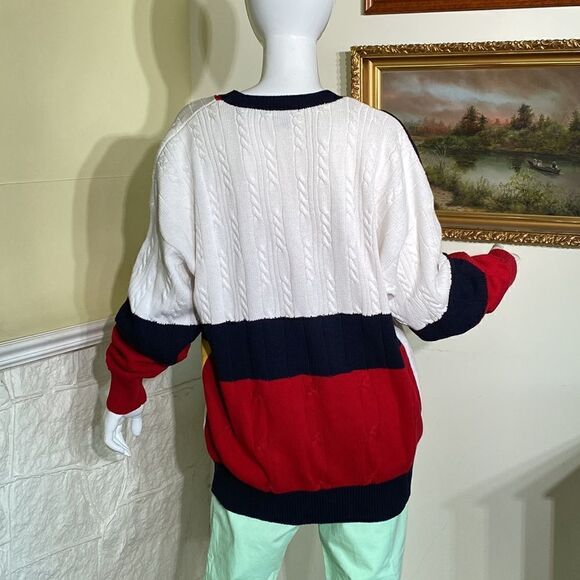 90’s Nautica Colour Block 100% Cotton Multi Colour Cable Knit Oversized Sweater - Picture 5 of 13